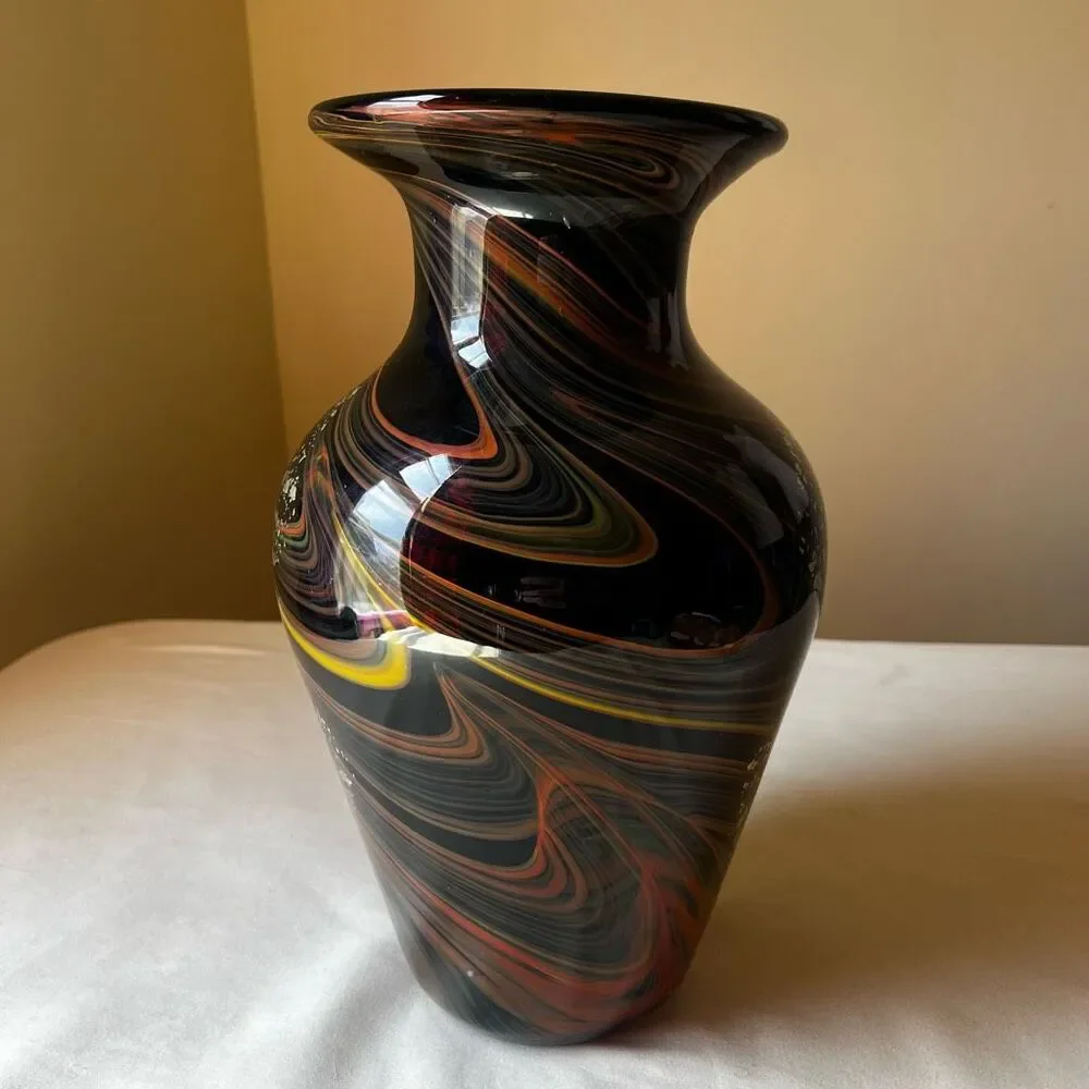 Murano Style Art Glass Vase Hand Blown Black with Gold Foil Mid Century Modern - Picture 6 of 12